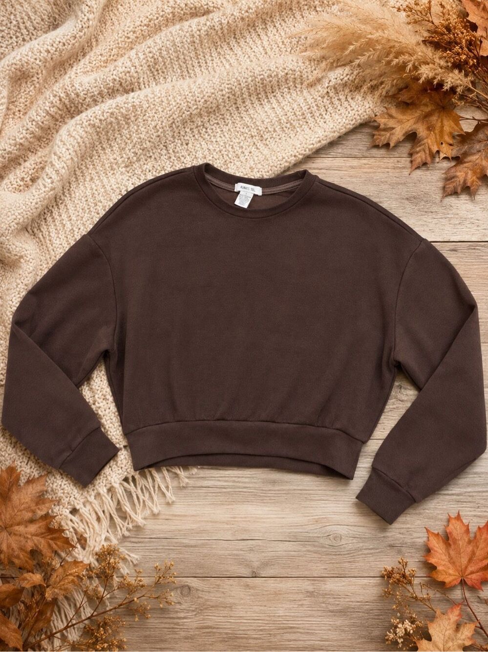 Always You Women’s Small Chocolate Brown Cropped Crewneck Sweatshirt Oversized F